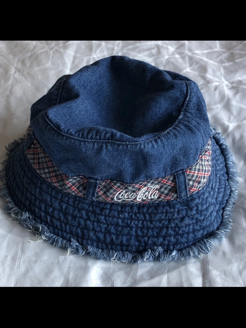 Vintage Coca-Cola Denim Bucket Hat Plaid Accent Frayed Edge Approx Size 7”-7 1/8